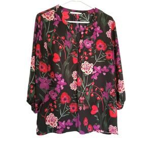 Violet & Claire Floral Blouse Semi Sheer Pullover 3/4 Sleeve - size L- EUC